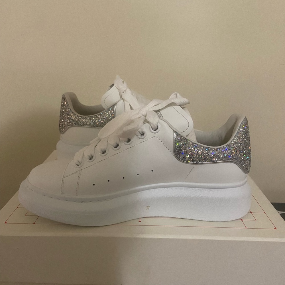 Alexander McQueen White Sneakers with Silver Glitter Heel